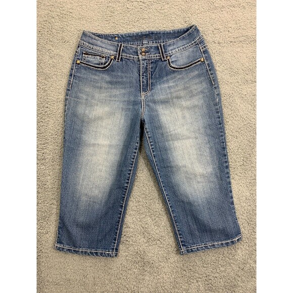Code Bleu Regular 10 Capris Leg Split Denim Blue Jeans Embroidered 5 Pockets - Picture 1 of 11